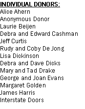 Text Box: INDIVIDUAL DONORS:Alice AhernAnonymous DonorLaurie BeijenDebra and Edward CashmanJeff CurtisRudy and Coby De JongLisa DickinsonDebra and Dave DicksMary and Tad DrakeGeorge and Joan EvansMargaret GoldenJames HarrisInterstate Doors