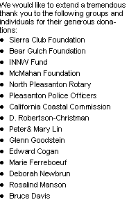 Text Box: We would like to extend a tremendous thank you to the following groups and individuals for their generous donations: Sierra Club FoundationBear Gulch FoundationINNW FundMcMahan FoundationNorth Pleasanton RotaryPleasanton Police OfficersCalifornia Coastal CommissionD. Robertson-ChristmanPeter& Mary LinGlenn GoodsteinEdward CoganMarie FerreboeufDeborah NewbrunRosalind MansonBruce Davis