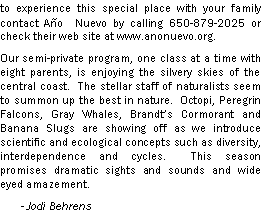 Text Box: to experience this special place with your family contact Ano  Nuevo by calling 650-879-2025 or check their web site at www.anonuevo.org.Our semi-private program, one class at a time with eight parents, is enjoying the silvery skies of the central coast.  The stellar staff of naturalists seem to summon up the best in nature.  Octopi, Peregrin Falcons, Gray Whales, Brandts Cormorant and Banana Slugs are showing off as we introduce scientific and ecological concepts such as diversity, interdependence and cycles.  This season promises dramatic sights and sounds and wide eyed amazement.         - Jodi Behrens